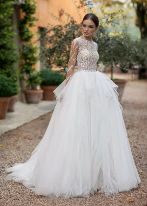 Ivory Lace Tulle Ruffled Sheer Back Wedding Dress
